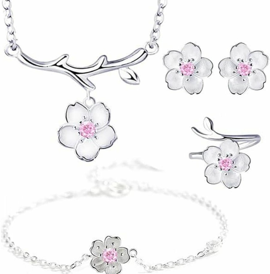 Generic 925 Sterling Silver Jewelry Sets Romantic Cherry Blossoms Flower Necklace+Earrings+Ring+Bracelet For Women Gift Pink Set Jewelry Sets