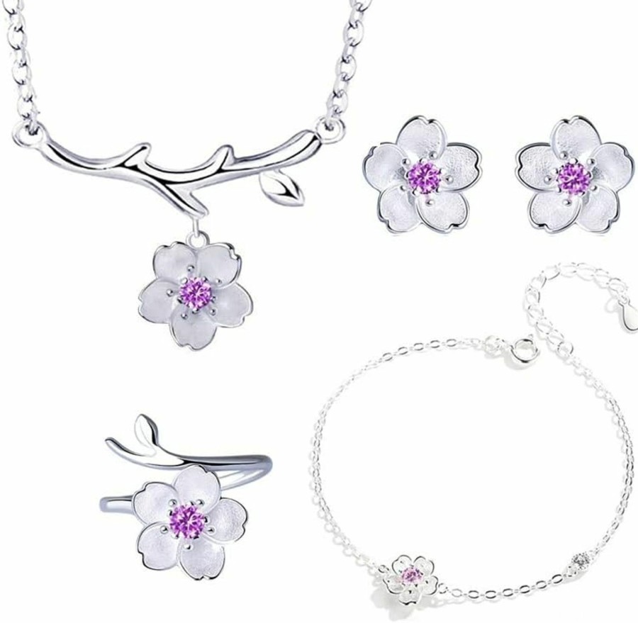 Generic 925 Sterling Silver Jewelry Sets Romantic Cherry Blossoms Flower Necklace+Earrings+Ring+Bracelet For Women Gift Pink Set Jewelry Sets