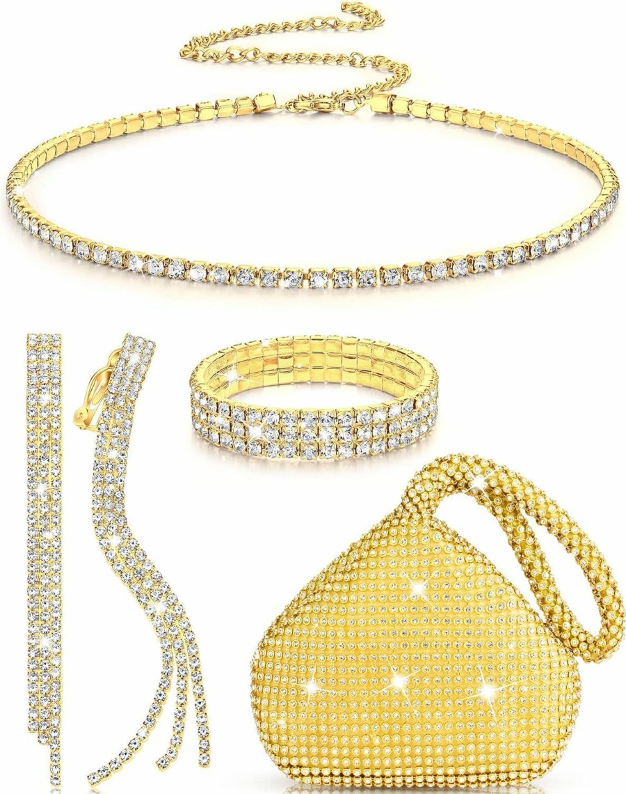 MTLEE Mtlee Women Clutch Purse Rhinestone Jewelry Set 4 Pieces Rhinestone Ear Clip Bridal Wedding Choker Bracelet Dangle Ear Clip Triangle Bling Glitter Purse For Party Jewelry Sets