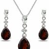 GemStar USA Sterling Silver Genuine Or Synthetic Gemstone & White Topaz Pear-Cut Teardrop Dangling Stud Earrings & Necklace Jewelry Set For Women Girls Jewelry Sets