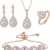 Crysdue Crysdue Wedding Bridal Teardrop Cubic Zirconia Pendant Necklace Open Ring Dangle Earrings Adjustable Slider Bracelet Brides Jewelry Set, Birthday Mothers Day Christmas Jewelry Gift For Women/Mom/Wife Jewelry Sets