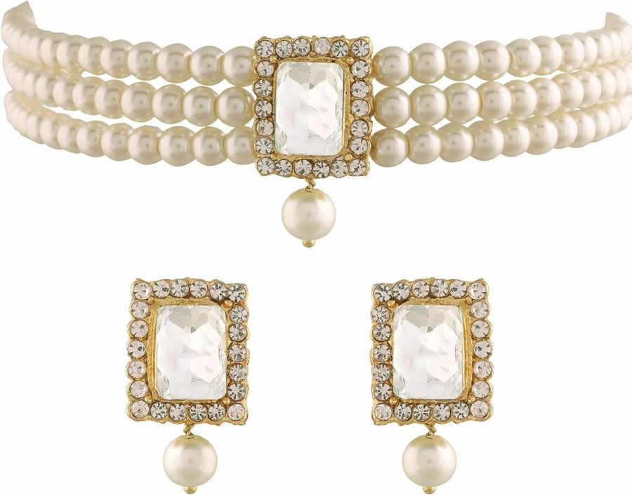 I Jewels I Jewels Gold Plated Indian Wedding Bollywood Stone Pearl Choker Necklace Jewellery Set For Women/Girls (White) Jewelry Sets