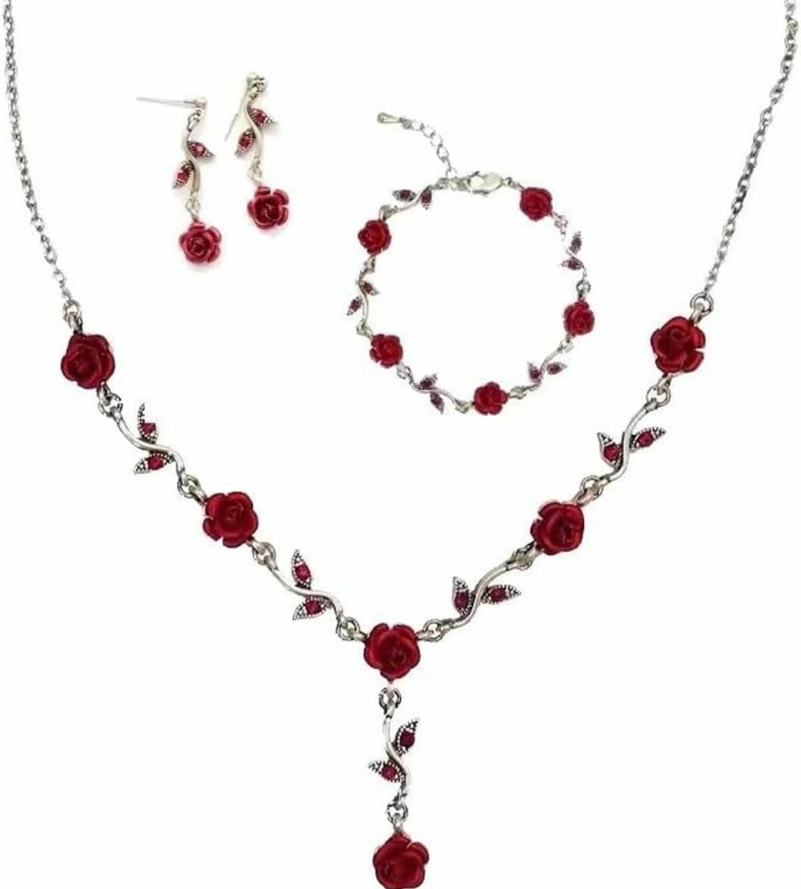 Azusa Sun Azusa Sun 3 Pcs 18 Gold Necklace Long Pendant Necklace For Women Girls Red Rose Pendent Bracelet Flower Jewelry Rose Dangle Earrings Set For Birthday Party Wedding Mother'S Day Gifts Jewelry Sets