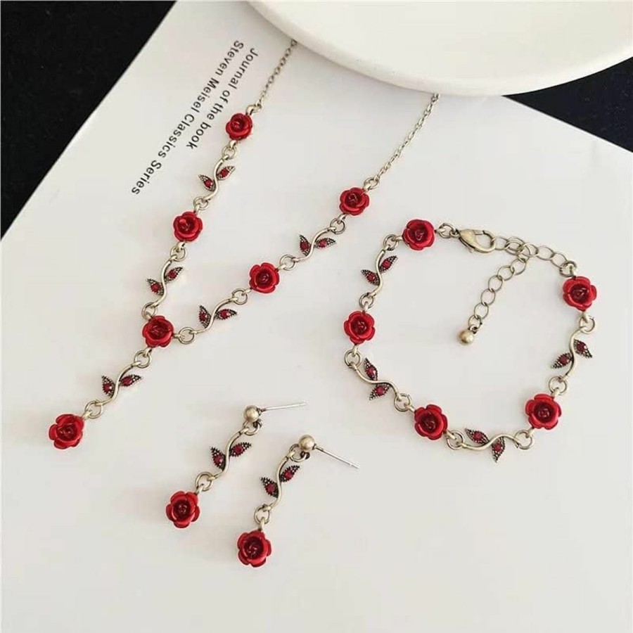 Azusa Sun Azusa Sun 3 Pcs 18 Gold Necklace Long Pendant Necklace For Women Girls Red Rose Pendent Bracelet Flower Jewelry Rose Dangle Earrings Set For Birthday Party Wedding Mother'S Day Gifts Jewelry Sets