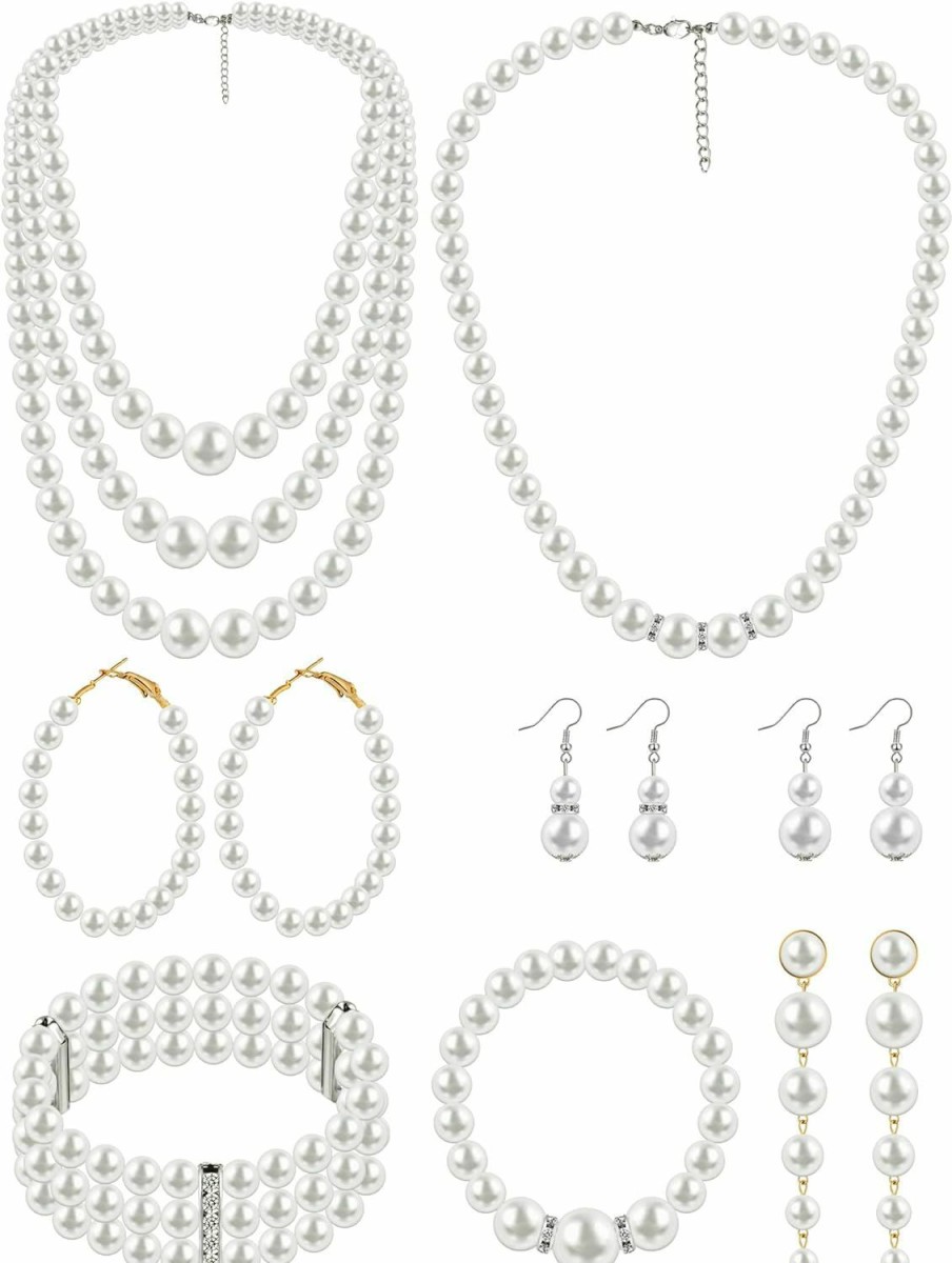 BBTO Bbto 8 Pcs Pearl Necklace Earrings Set For Women Girls, Includes Simulated Pearl Bracelet Faux Pearl Necklace Dangle Earrings Jewelry Sets