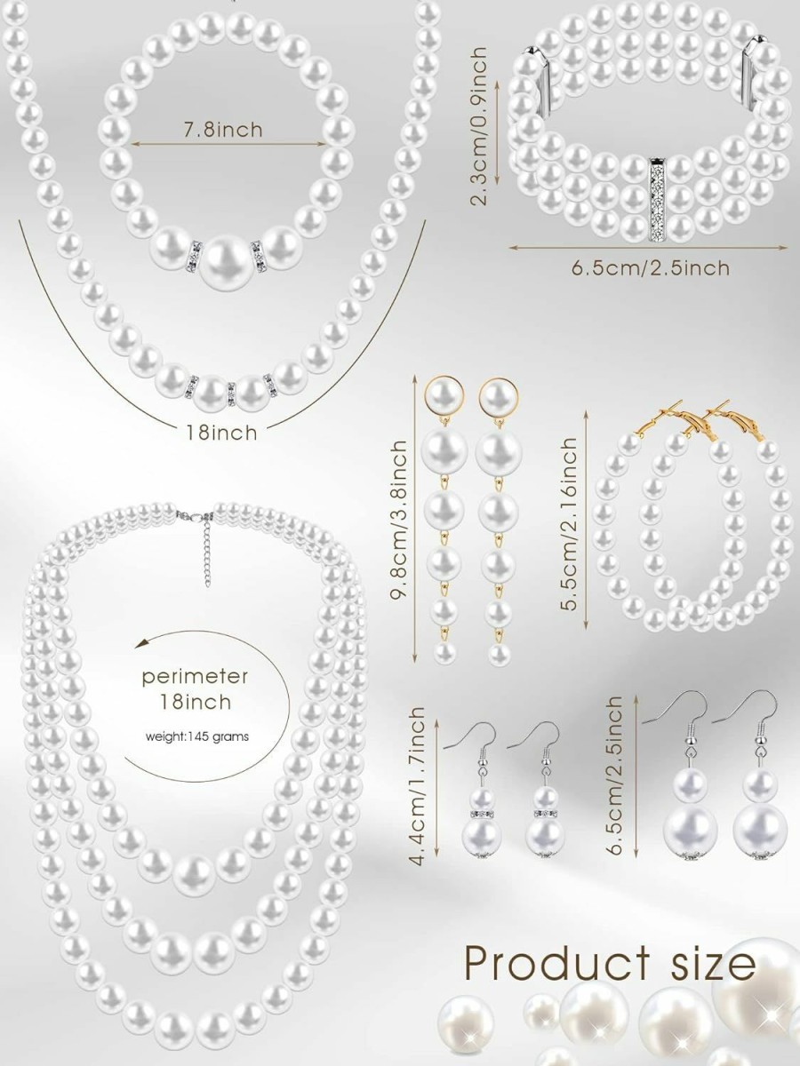 BBTO Bbto 8 Pcs Pearl Necklace Earrings Set For Women Girls, Includes Simulated Pearl Bracelet Faux Pearl Necklace Dangle Earrings Jewelry Sets