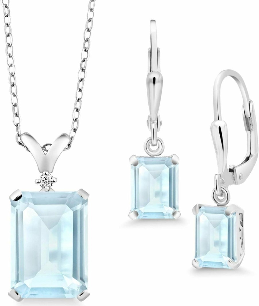 Gem Stone King Gem Stone King 925 Sterling Silver Sky Blue Topaz And Diamond Pendant And Earrings Jewelry Set For Women (13.37 Cttw, Emerald Cut, Gemstone Birthstone With 18 Inch Silver Chain) Jewelry Sets