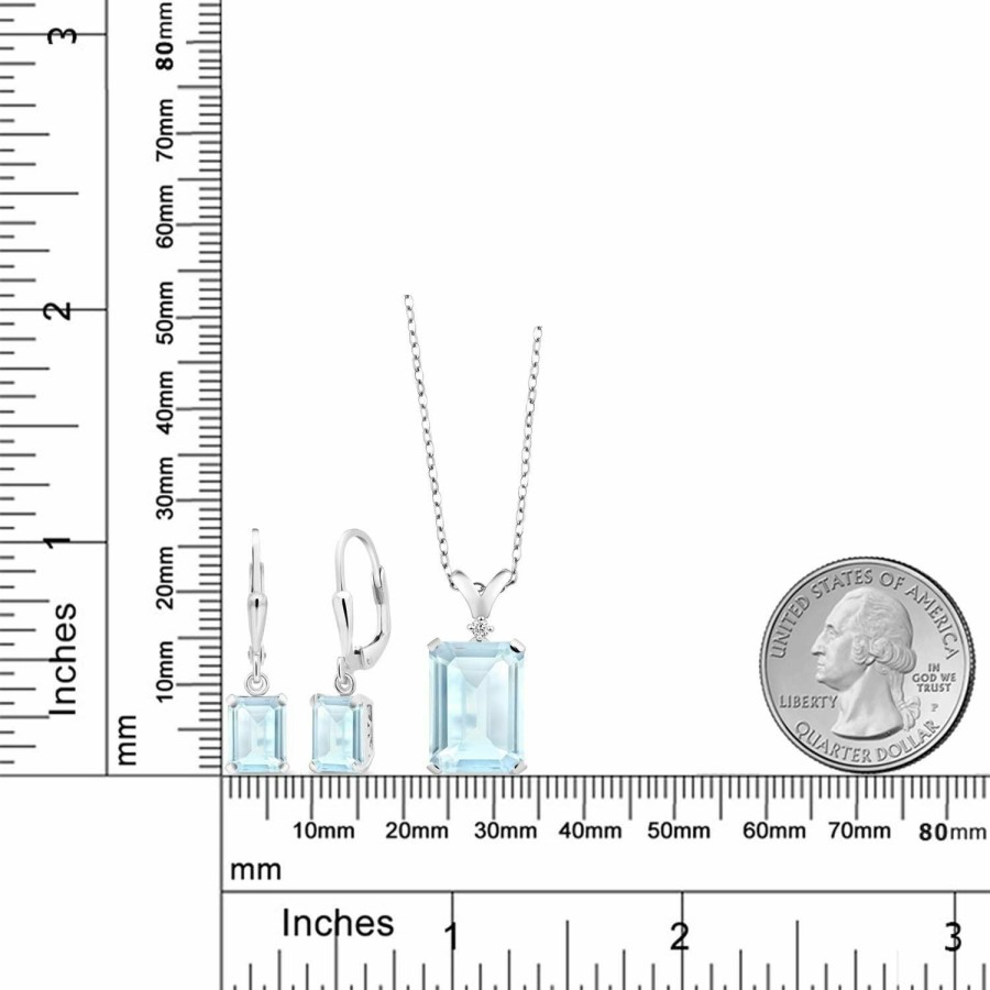 Gem Stone King Gem Stone King 925 Sterling Silver Sky Blue Topaz And Diamond Pendant And Earrings Jewelry Set For Women (13.37 Cttw, Emerald Cut, Gemstone Birthstone With 18 Inch Silver Chain) Jewelry Sets