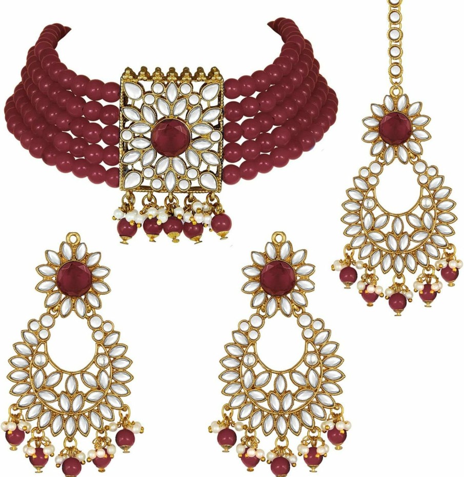 Aheli Aheli Gold Plated Jodha Akbar Kundan Faux Pearl Choker Necklace With Earring Maang Tikka Traditional Bridal Jewelry Set Jewelry Sets