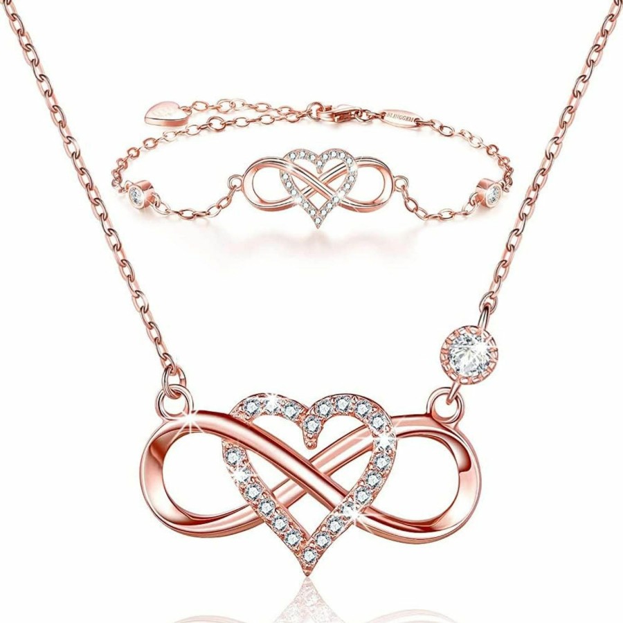 BlingGem Blinggem Jewelry Sets For Women Infinity Heart Necklace Bracelet Set White/Rose/Gold Plated Sterling Silver Cubic Zirconia Love Heart Anniversary Birthday Jewelry Set Christmas Gifts For Wife Girlfriend Women Jewelry Sets