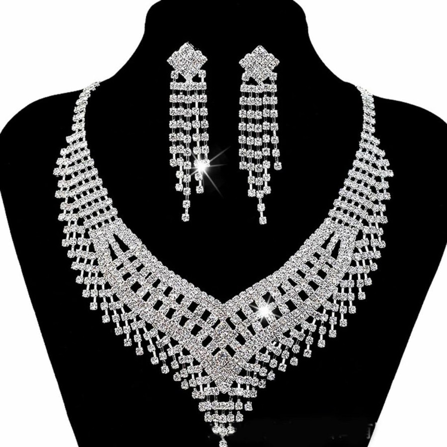 wekicici Wekicici Bridal Rhinestone Necklace Earrings Set Simple Crystal Choker Necklace Tassel Earrings Wedding Accessories For Bridalmaid Women And Girls(Silver) Jewelry Sets