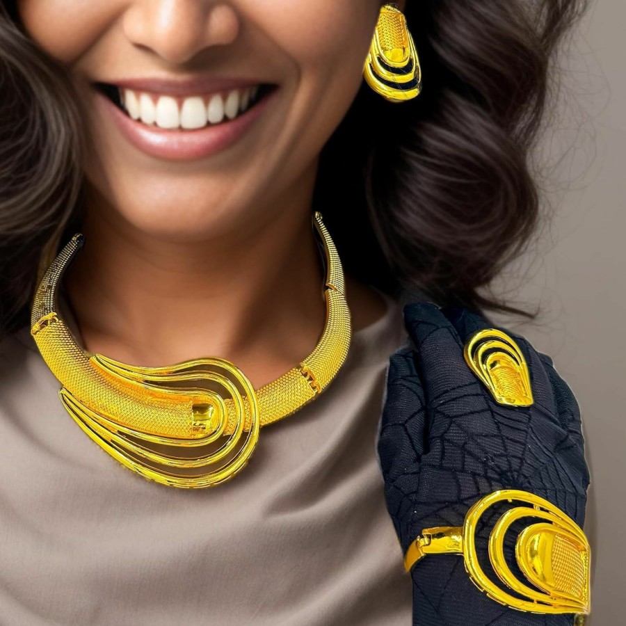 LifflyLadys Lifflyladys African Jewelry Sets For Women,Dubai Statement Necklaces Gold Bracelets Open Hoop Earrings Ring Fashion Crystal Wedding Costume Jewelry Accessories Set Mom Birthday Gifts For Women Jewelry Sets