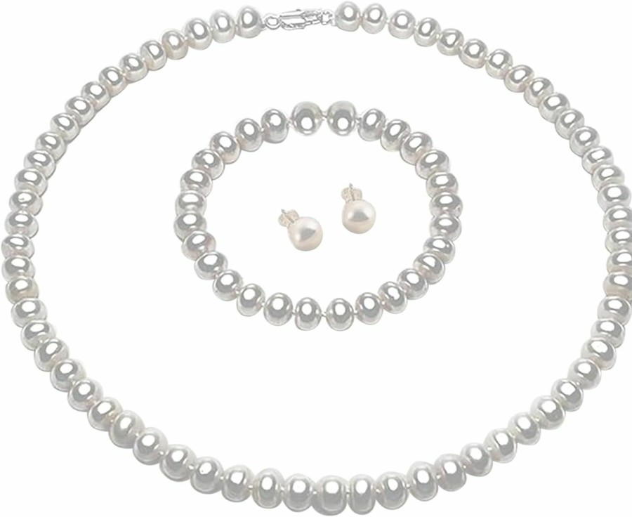 CREATIVE GIFT Aaaa Quality Pearl Necklace Set With Genuine Freshwater Cultured Pearls, 3 Pcs Pearl Jewelry Set, With Necklace/Bracelet/Earings, Mother'S Day Birthday Wedding, Gift For Brides, Mom, Wife Jewelry Sets