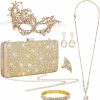 XLSXEXCL 5 Pieces Gold Masquerade Mask For Women Rhinestone Crystal Jewelry Set Glitter Clutch Purses Bag Lace Masks Evening Bling Necklace Earrings Bracelets Ring For Venetian Party Wedding Halloween Carnival Jewelry Sets