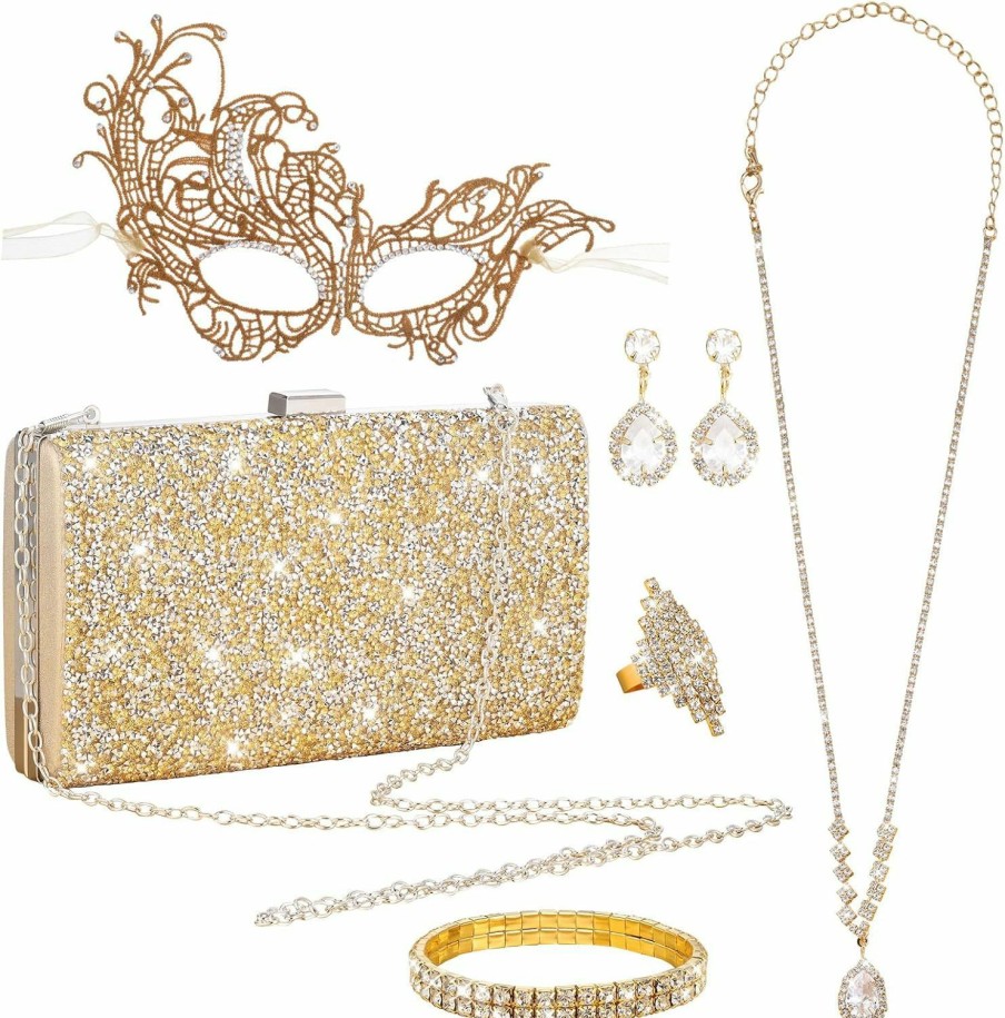 XLSXEXCL 5 Pieces Gold Masquerade Mask For Women Rhinestone Crystal Jewelry Set Glitter Clutch Purses Bag Lace Masks Evening Bling Necklace Earrings Bracelets Ring For Venetian Party Wedding Halloween Carnival Jewelry Sets