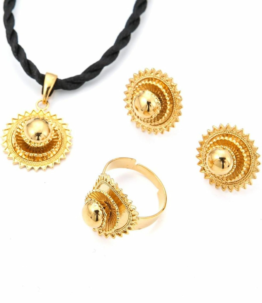 Huangshanshan Huangshanshan Necklace Pendants Earrings Ring Set Gold Filled Plated Jewelry African Ethiopia Flower Jewelry Set Jewelry Sets