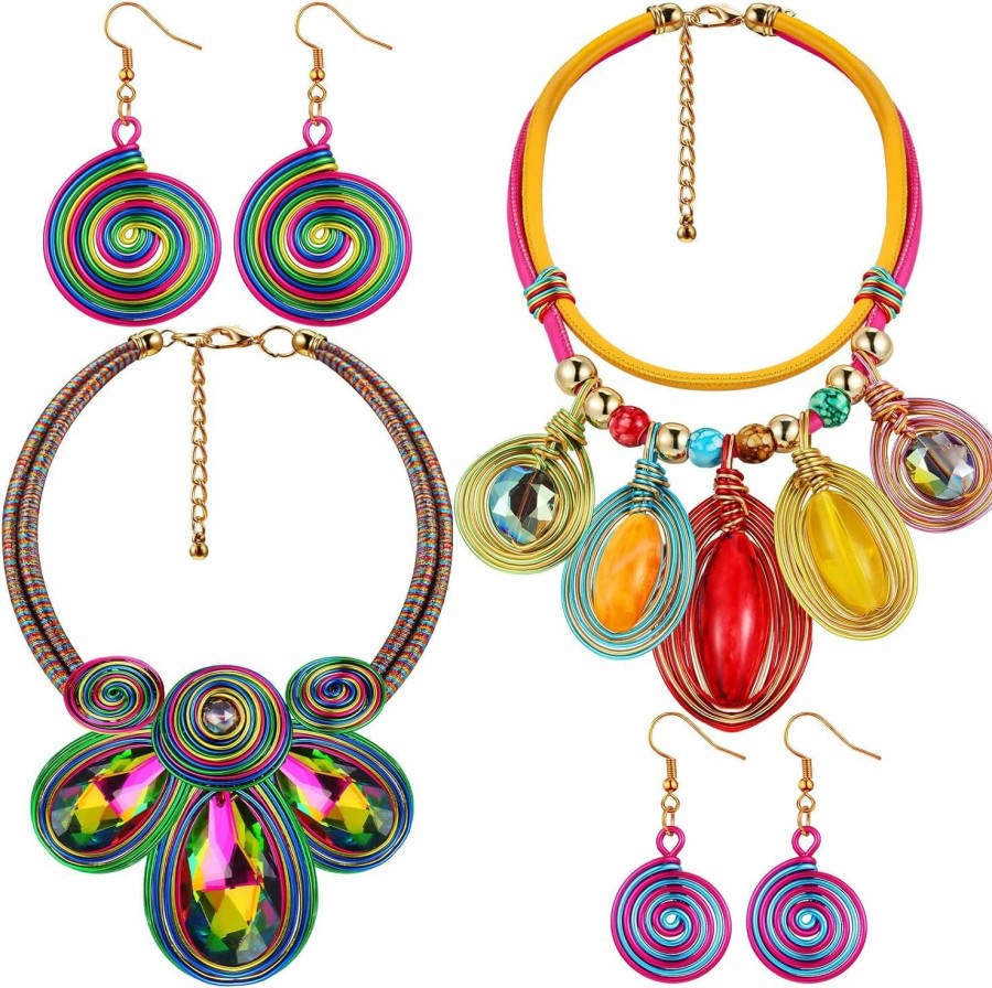 Bonuci Bonuci 2 Sets Tribal Statement Necklace And Ethnic African Earrings Chunky Costume Jewelry Colorful African Jewelry Sets For Women Bib Collar Choker For Girls Gifts Jewelry Sets