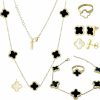 HuGia Hugia (Set 6 Pcs) Four Leaf Lucky Clover Jewelry Set, Minimalist Creative Plant Flower Design Four Leaf Clover 18K Gold Plated Stainless Steel Pendant Necklace Earrings Bracelet Jewelry Set 2 Sided Black And White Jewelry Sets