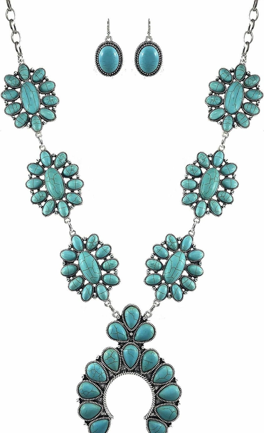 Wonderent Turquoise Vintage Squash Blossom Metal Statement Necklace/W Earrings Jewelry Sets