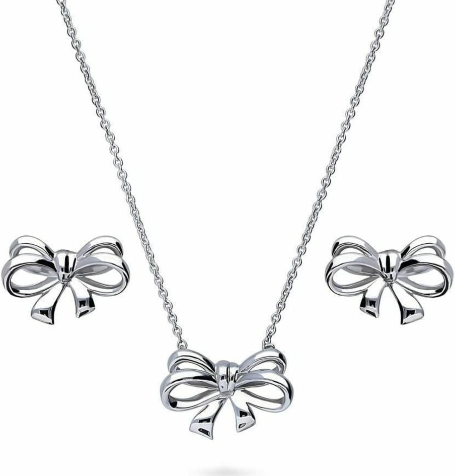 BERRICLE Berricle Sterling Silver Bow Tie Ribbon Fashion Necklace And Earrings Set For Women, Rhodium Plated Jewelry Sets