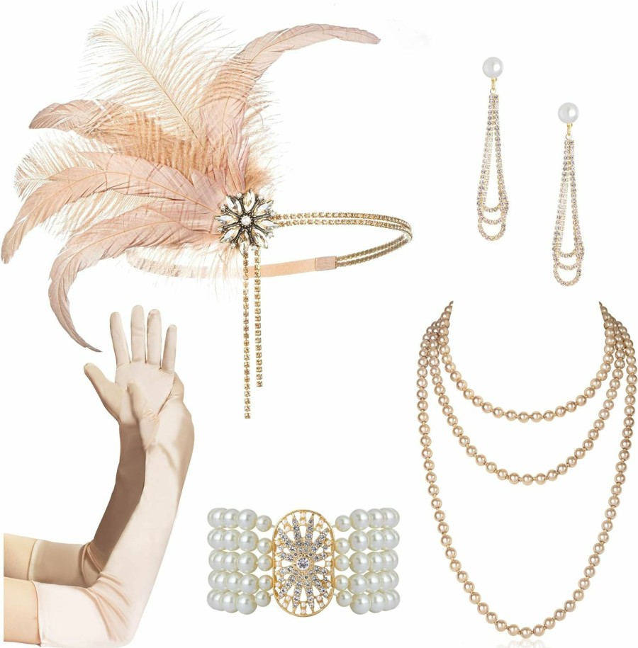 Zivyes Zivyes 1920S Flapper Accessories Gatsby Costume Accessories Set For Women 20S Headpiece Pearl Necklace Gloves Holder Jewelry Sets