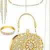 Henoyso Henoyso 4 Pcs Women Rhinestone Jewelry Set Glitter Gold Clutch Purse Necklace Bracelet Earring For Wedding Evening Party Jewelry Sets