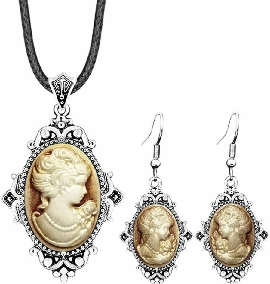 Anstory Vintage Look Flower Pendant Lady Queen Cameo Sets For Women Antique Silver Plated Cameo Necklace Earring Jewelry Set Jewelry Sets