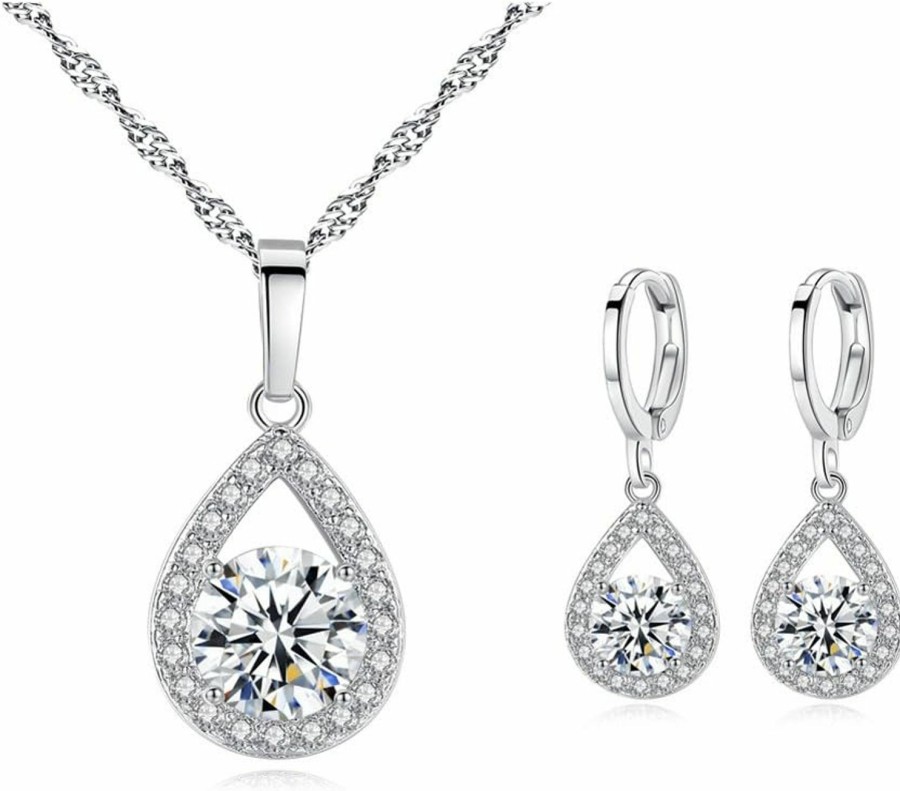 Ruzzykea Ruzzykea Women Wedding Bridesmaid Jewelry Set Zirconia Teardrop Dangle Hoop Earrings Necklace Set For Bride Prom Party Jewelry Sets