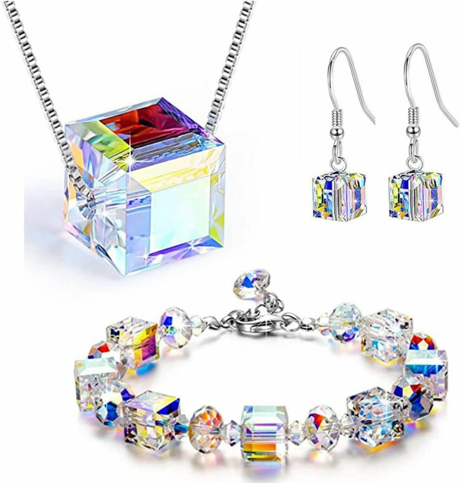 Txibikn Txibikn 4 Pieces Fashion Colorful Starlight Crystal Rhinstone Pendant Necklace Earring Bracelet Jewelry Set For Women Lady Wedding Birthday Party Gift Jewelry Sets