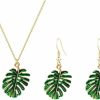 Modpide Green Enamel Monstera Leaves Drop Earrings Necklace Set Tropical Palm Tree Leaf Jewelry For Summer Jewelry Sets