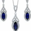 BERRICLE Berricle Sterling Silver Halo Simulated Blue Sapphire Marquise Cut Cubic Zirconia Cz Art Deco Fashion Necklace And Earrings Set For Women, Rhodium Plated Jewelry Sets