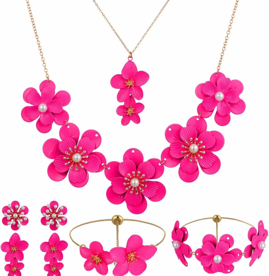 Tondiamo Tondiamo 6Pcs Boho Flower Necklace Earrings Bracelet Set Necklace Floral Earring Flower Gift Jewelry For Women Girl Jewelry Sets