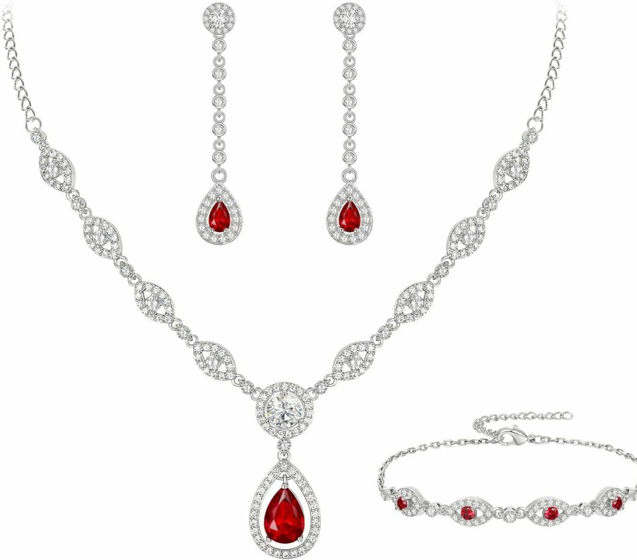 EVER FAITH Ever Faith Bridal Jewelry Set For Women, Stunning Teardrop Cubic Zirconia Birthstone Necklace Bracelet Earrings Set Gift For Mothers Day/Valentines Day/Birthday/Christmas Jewelry Sets