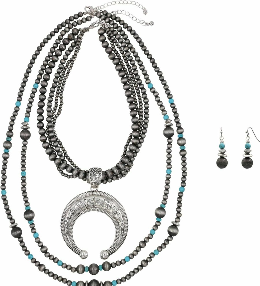 Elosee Western Style Faux Navajo Multi-Layer (6 Rows) Chunky Squash Blossom Pendant 16 Inch Necklace And Dangle Earrings Jewelry Sets