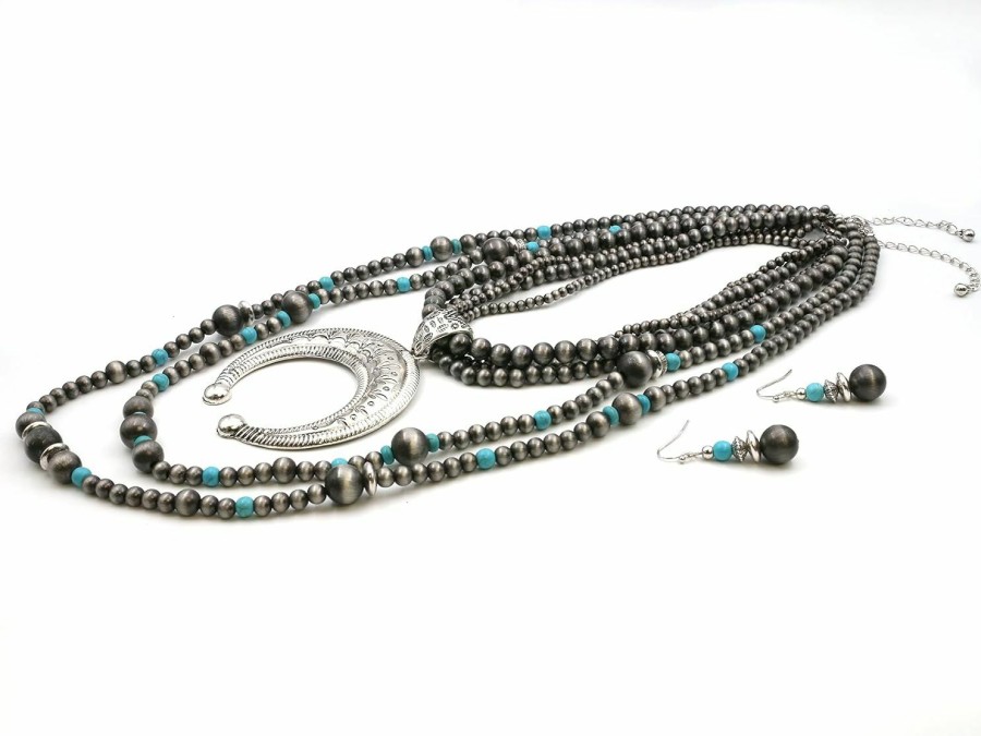 Elosee Western Style Faux Navajo Multi-Layer (6 Rows) Chunky Squash Blossom Pendant 16 Inch Necklace And Dangle Earrings Jewelry Sets