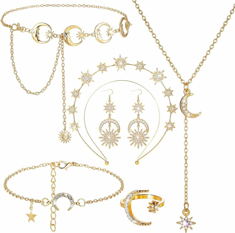 Glenmal Glenmal 6 Pcs Star Halo Crown Moon Star Headband Necklace Belt Drop Earrings Bracelet Ring Set For Women Boho Bridal Wedding Jewelry Sets