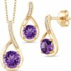 Gem Stone King Gem Stone King 18K Yellow Gold Plated Silver Round Purple Amethyst And White Diamond Pendant And Earrings Jewelry Set For Women (1.74 Cttw, Gemstone Birthstone, With 18 Inch Chain) Jewelry Sets