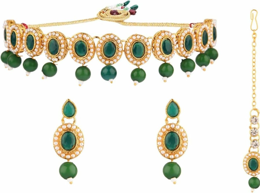 Efulgenz Efulgenz Indian Jewelry Choker Kundan Crystal Necklace Earrings Maang Tikka Head Chain Bollywood Wedding Bridal Set Jewelry Sets