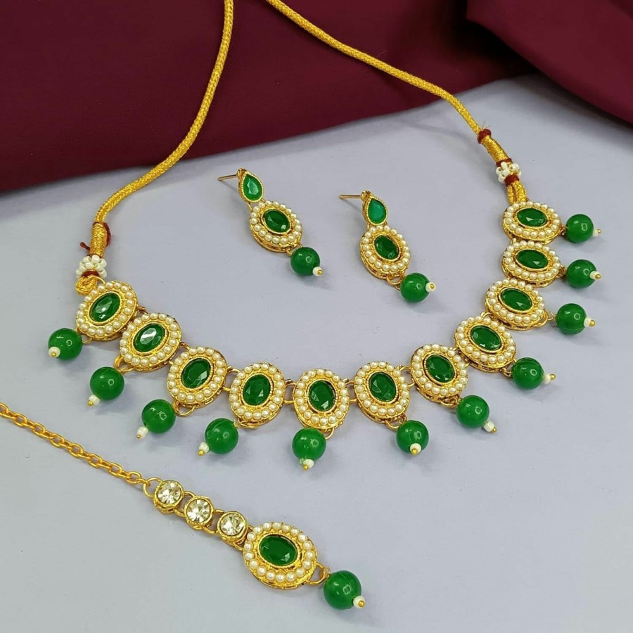 Efulgenz Efulgenz Indian Jewelry Choker Kundan Crystal Necklace Earrings Maang Tikka Head Chain Bollywood Wedding Bridal Set Jewelry Sets