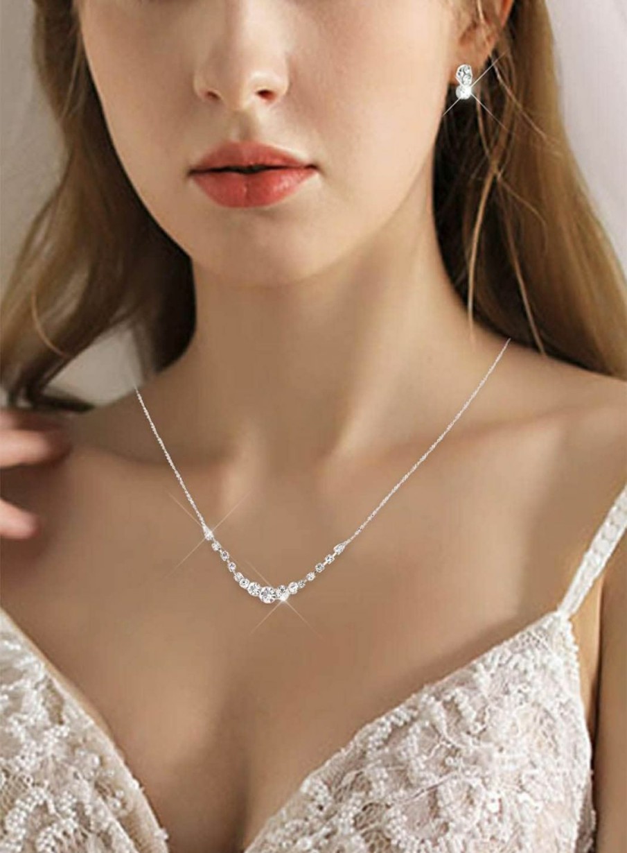 Coxiva Coxiva Bridal Jewelry Crystal Rhinestone Set For Wedding Prom Silver Pendant Necklace And Earrings Sets Simple For Women Girlfriend Bride Bridesmaids Graduate Birthday Gifts Jewelry Sets