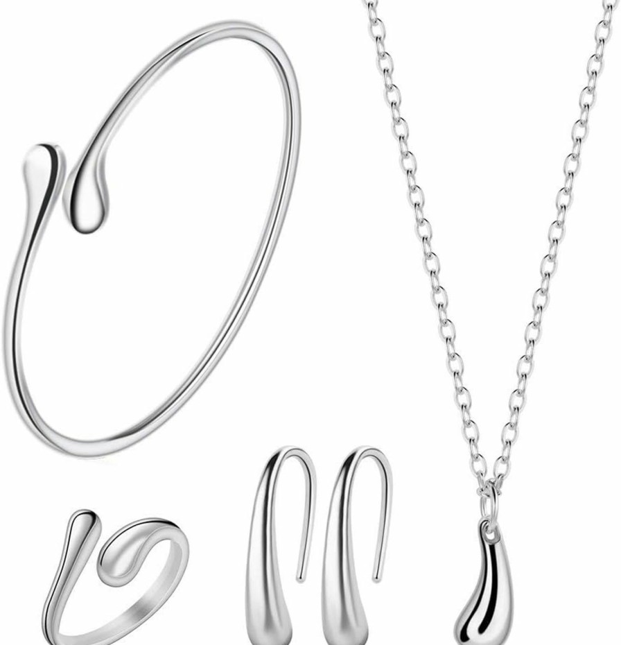 Double Ideal Double Ideal 4Pcs Silver Jewelry Set For Women Teardrop Pendant Necklace Earrings Bracelet Ring Fit With Party Meeting Dating Wedding Holiday Gift Birthday Gift Jewelry Sets