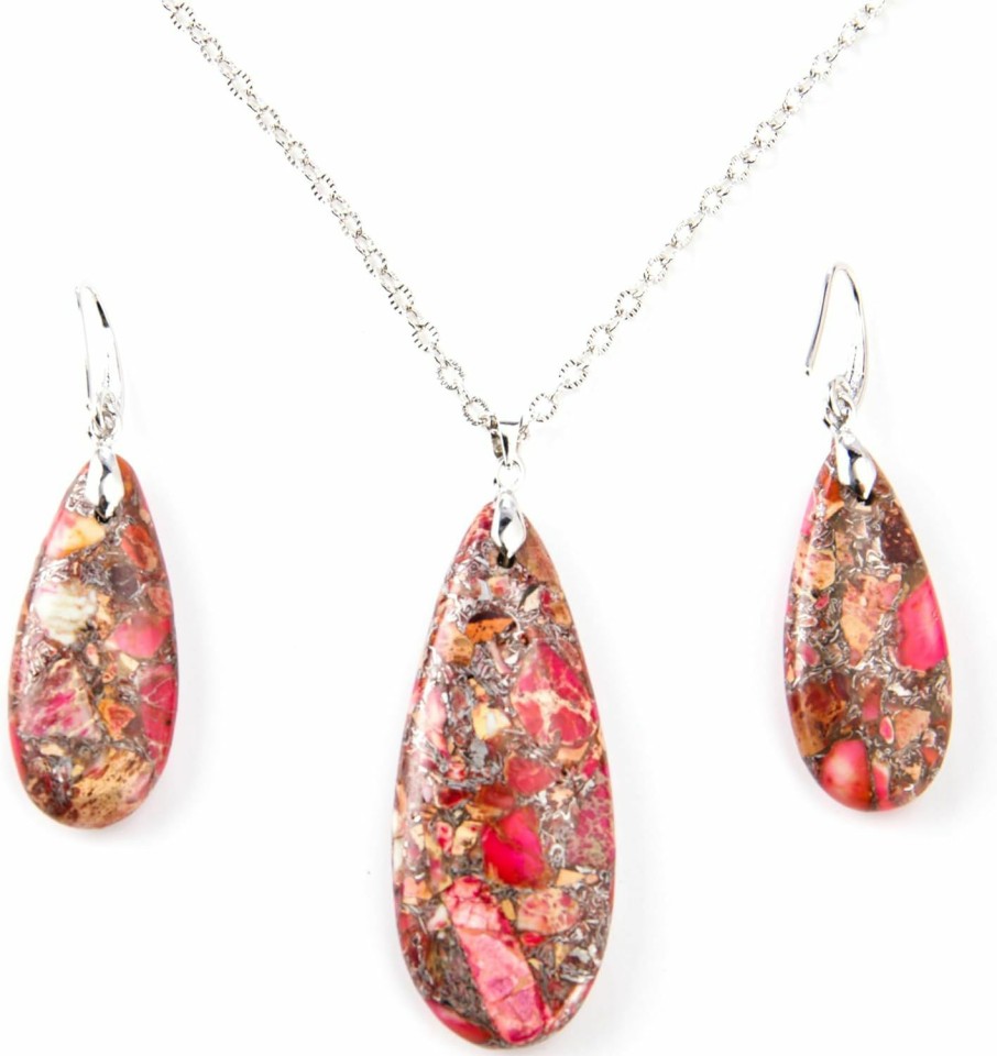 xinpeng Xinpeng Teardrop Sea Sediment Imperial Jasper Natural Stone Gemstone Necklace Pendant & Drop Dangle Hook Earrings Jewelry Set For Women Girls Jewelry Sets