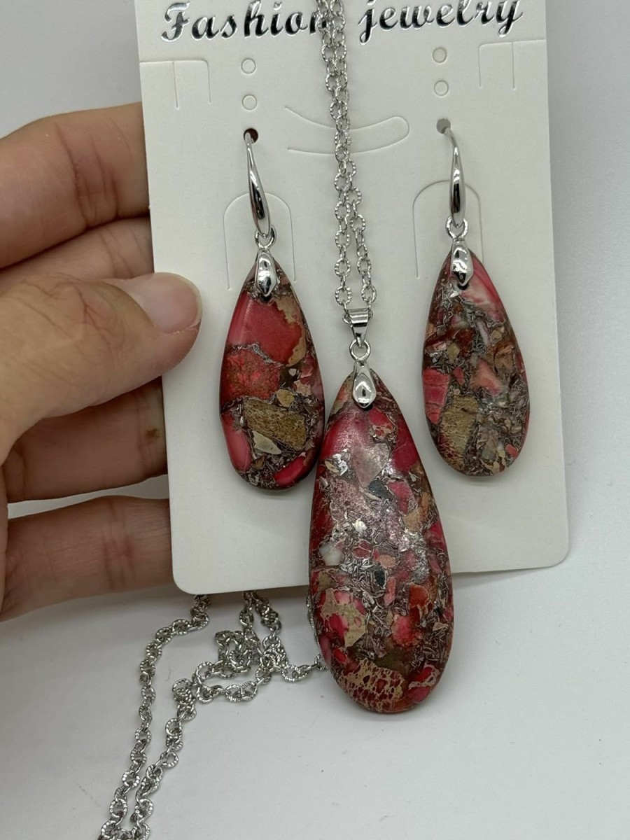 xinpeng Xinpeng Teardrop Sea Sediment Imperial Jasper Natural Stone Gemstone Necklace Pendant & Drop Dangle Hook Earrings Jewelry Set For Women Girls Jewelry Sets