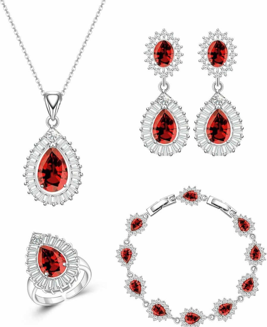 GZWHD Gzwhd Sparkling Jewelry Set For Women, Teardrop Earrings Necklace Bracelet Open Ring Set, Wedding Jewelry For Bride And Bridesmaids, Valentine'S Day Mother'S Day Thanksgiving Christmas Birthday Birthstone Gifts For Wife Mother Girlfriend Friends Sister Jewelry Sets