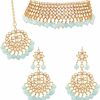 Aheli Aheli Faux Kundan Beaded Necklace Earrings & Maang Tikka Indian Bollywood Ethnic Jewelry Set For Women Jewelry Sets