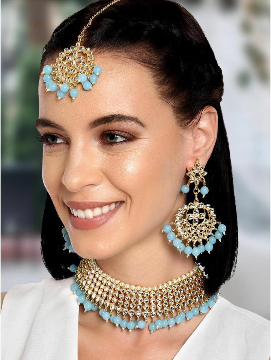 Aheli Aheli Faux Kundan Beaded Necklace Earrings & Maang Tikka Indian Bollywood Ethnic Jewelry Set For Women Jewelry Sets