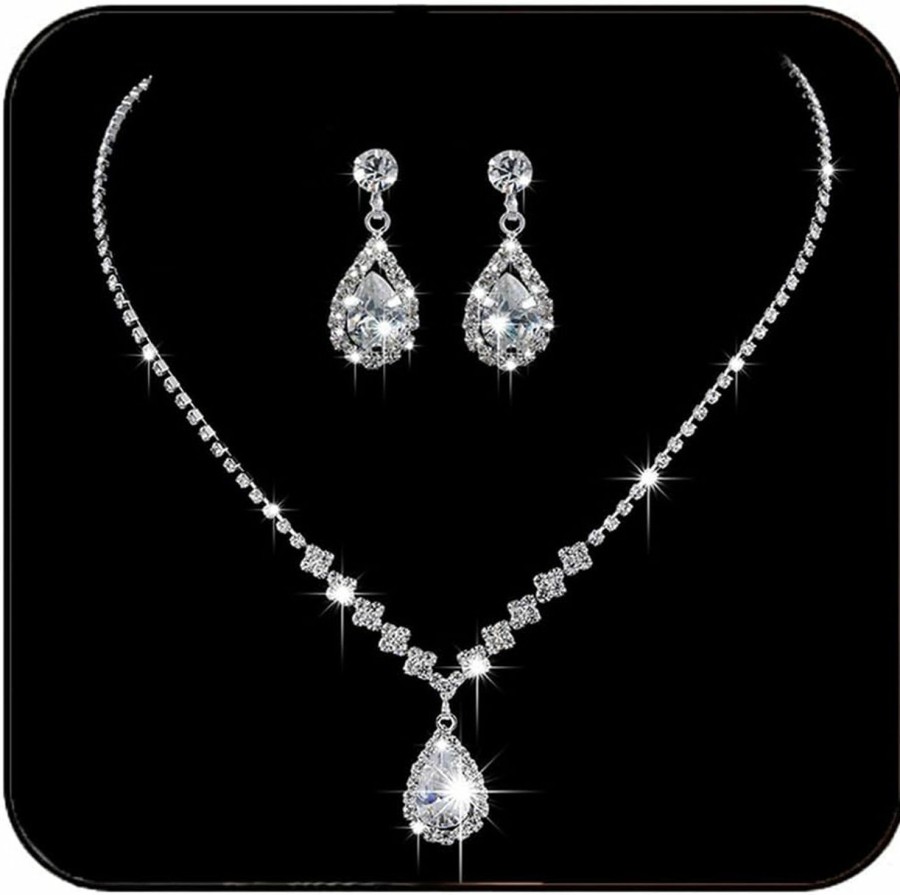 Yean Yean Bride Silver Bridal Necklace Earrings Set Crystal Wedding Jewelry Set Rhinestone Choker Necklace For Women And Girls (Set Of 3) Jewelry Sets