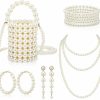 Estune 9 Pcs 90S Vintage Faux Pearl Costume Set, Simulated Pearl Bag Handbag Earrings Pearl Beads Strand Choker Necklace Bracelets For Women Girls Halloween Weeding Evening Party Accessories Jewelry Sets