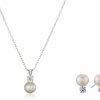 Amazon Collection Amazon Collection Sterling Silver Cubic Zirconia 7-8Mm Freshwater Cultured Pearl Stud Earrings And Pendant Necklace Jewelry Set Jewelry Sets