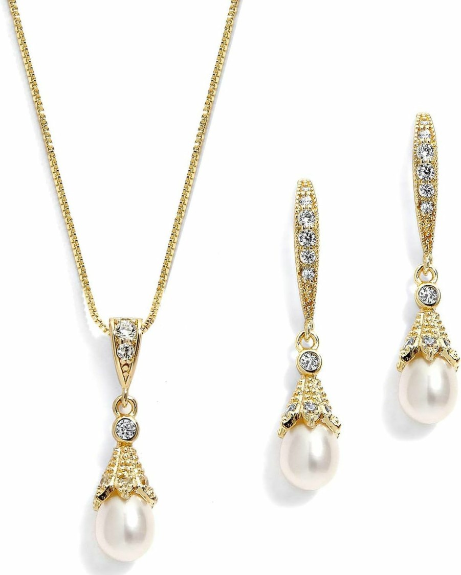 Mariell Mariell Gold Wedding Necklace & Earrings Jewelry Set With Freshwater Pearl For Bridesmaids & Brides Jewelry Sets